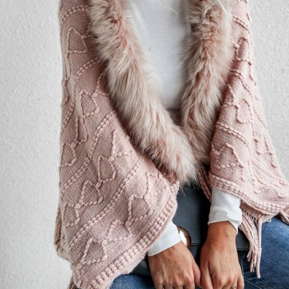 pink vegan fur fringe detail open front cardigan - Picture 4 of 6